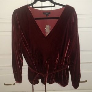 J Crew Faux Wrap Velvet Tie Waist Top